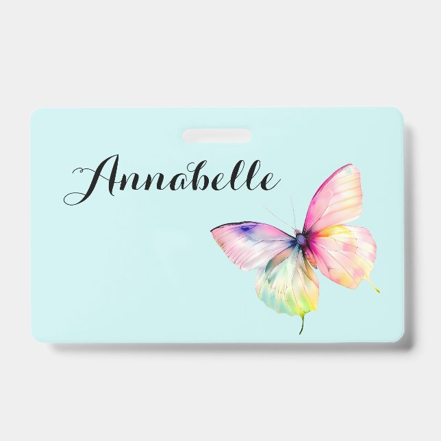 Delicate Pink Butterfly in Pastel Rainbow Colours Badge (Front)