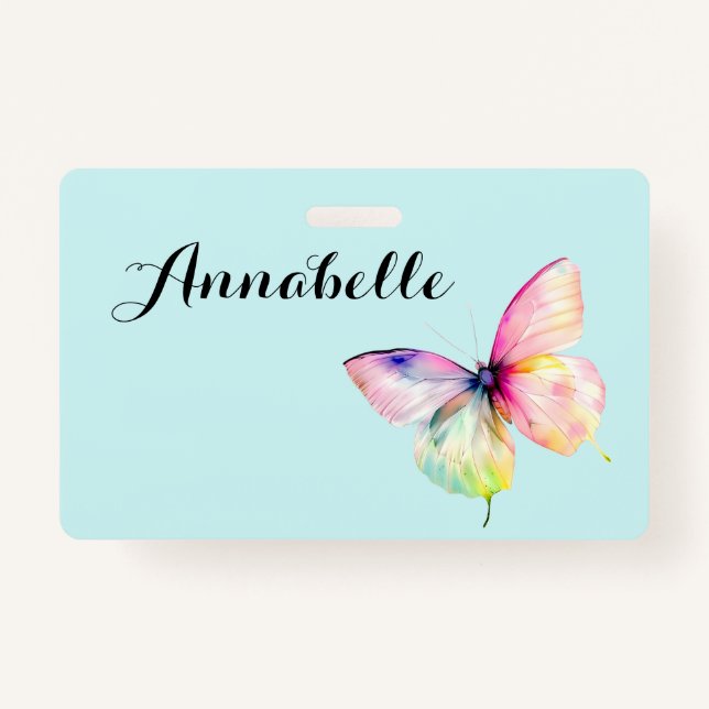 Delicate Pink Butterfly in Pastel Rainbow Colours Badge (Front)