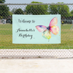 Delicate Pink Butterfly in Pastel Rainbow Colours Banner