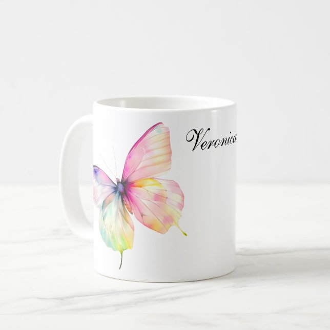 Delicate Pink Butterfly in Pastel Rainbow Colours Coffee Mug (Front Left)