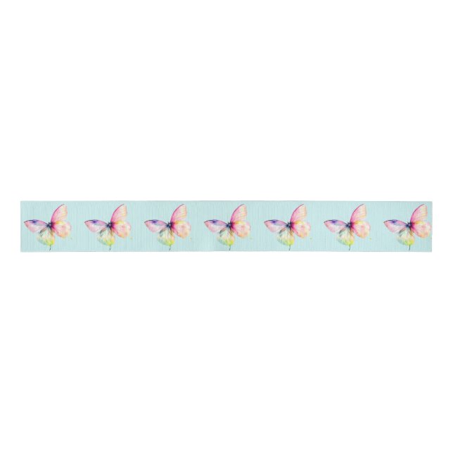 Delicate Pink Butterfly in Pastel Rainbow Colours Grosgrain Ribbon (Front)