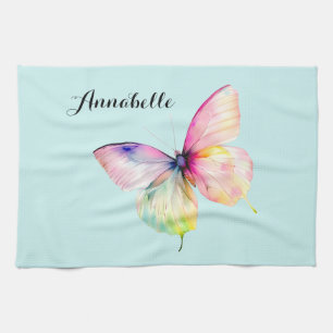 Delicate Pink Butterfly in Pastel Rainbow Colours Kitchen Towel