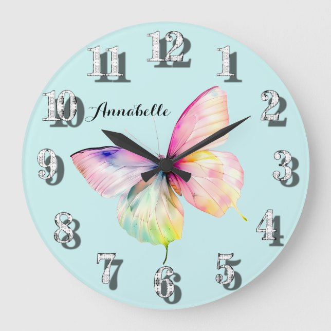 Delicate Pink Butterfly in Pastel Rainbow Colours Large Clock (Front)