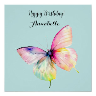 Delicate Pink Butterfly in Pastel Rainbow Colours Poster