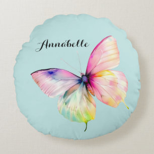 Delicate Pink Butterfly in Pastel Rainbow Colours Round Pillow