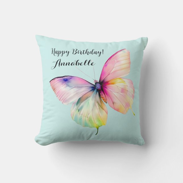 Delicate Pink Butterfly in Pastel Rainbow Colours Throw Pillow (Front)