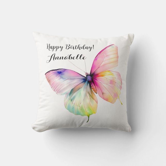 Delicate Pink Butterfly in Pastel Rainbow Colours Throw Pillow (Front)