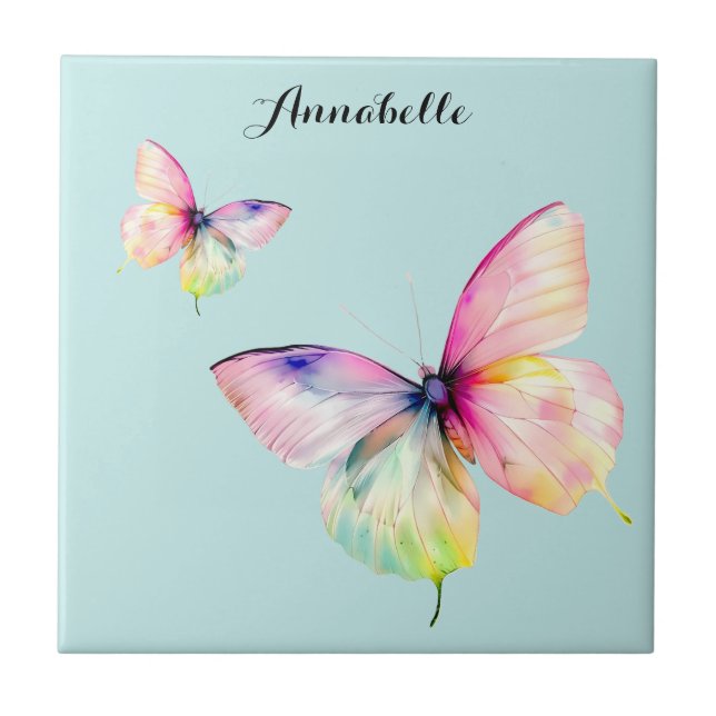 Delicate Pink Butterfly in Pastel Rainbow Colours Tile (Front)