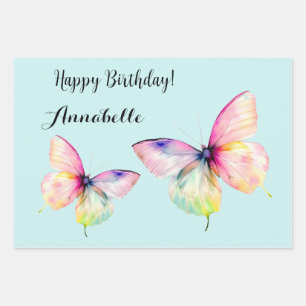 Delicate Pink Butterfly in Pastel Rainbow Colours Wrapping Paper Sheet