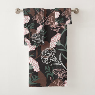 Delicate Pink Carnations with Green Leaves Floral Bath Towel Set