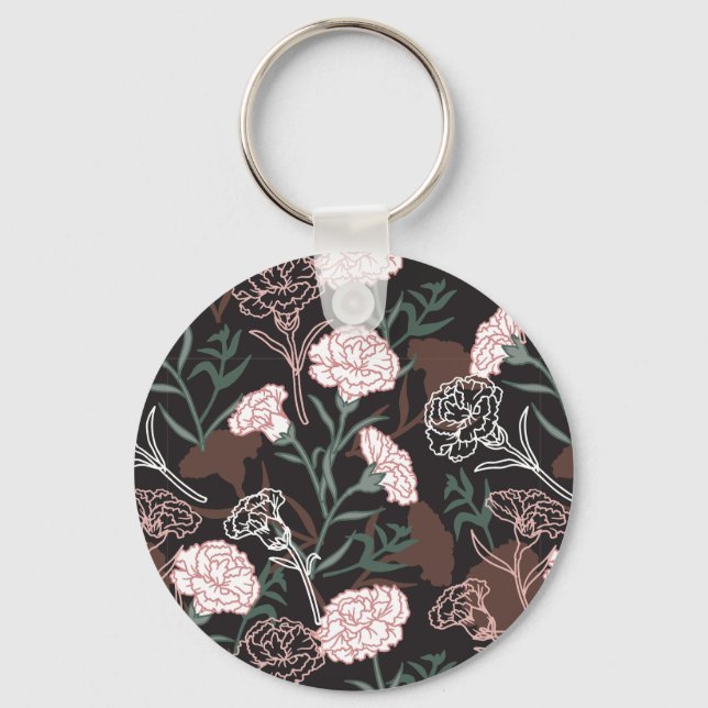  Delicate Pink Carnations with Green Leaves Floral Keychain (Front)