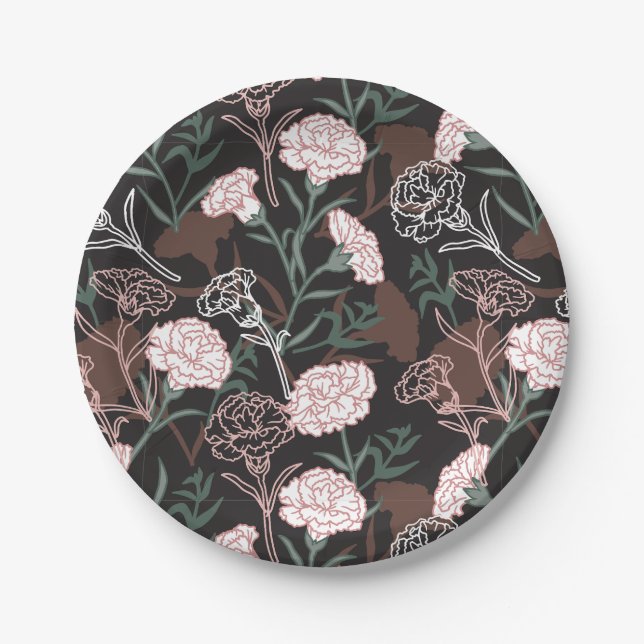  Delicate Pink Carnations with Green Leaves Floral Paper Plate (Front)