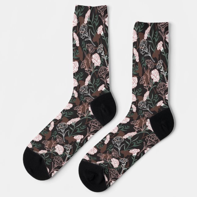  Delicate Pink Carnations with Green Leaves Floral Socks (Left)