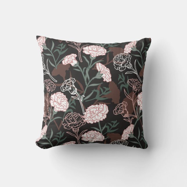  Delicate Pink Carnations with Green Leaves Floral Throw Pillow (Front)