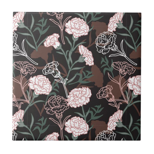  Delicate Pink Carnations with Green Leaves Floral Tile (Front)