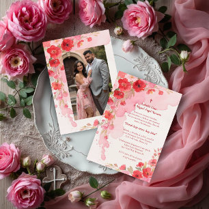 Delicate Pink Floral Frame Christian Catholic Invitation