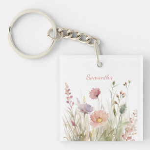 Delicate Pink Floral Name Keychain