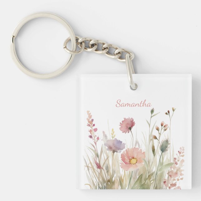 Delicate Pink Floral Name Keychain (Front)