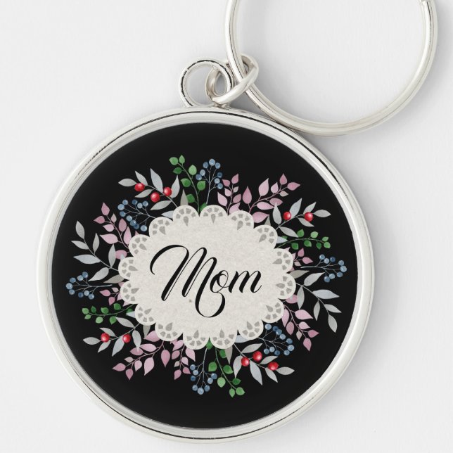 Delicate Pink Floral Wreath, Doily with Mom  Keychain (Front)