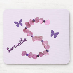 Delicate Pink Flower Monogram S Butterfly Floral Mouse Pad