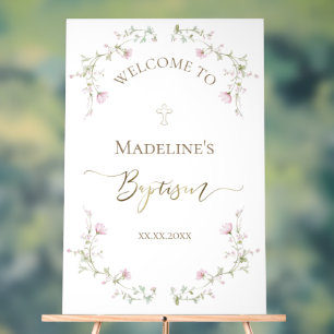 delicate pink flowers Baptism welcome Acrylic Sign