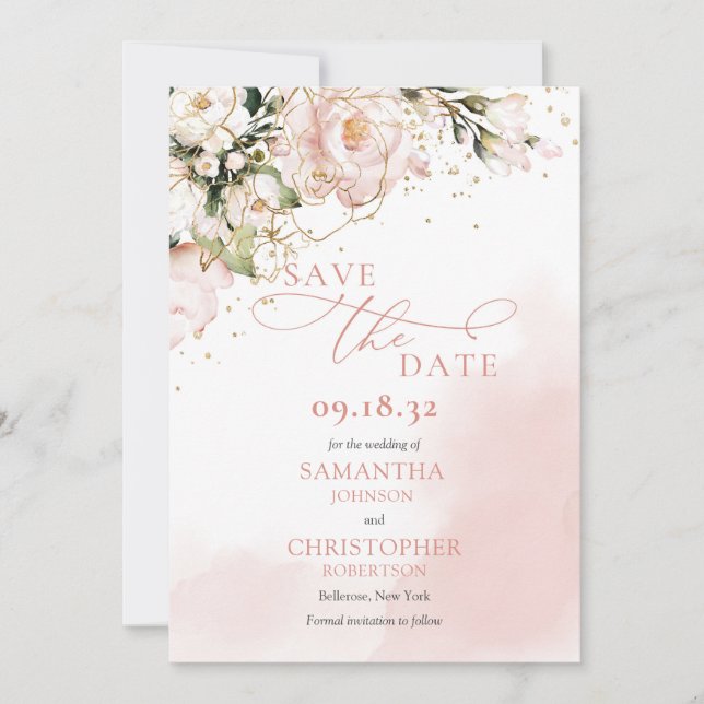Delicate pink flowers boho arch pampas eucalyptus save the date (Front)