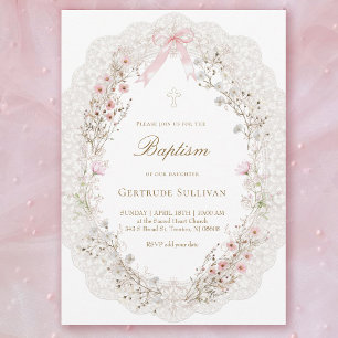 delicate pink flowers oval lace frame Baptism Invitation