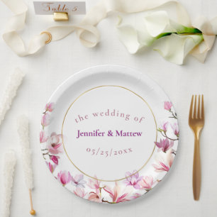 Delicate Pink Magnolia Custom Wedding Paper Plate
