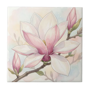 Delicate Pink Magnolia Watercolor Bloom Tile