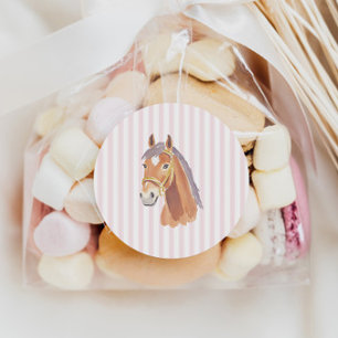 Delicate Pink Organic Stripe Horse Birthday Classic Round Sticker
