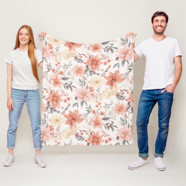Delicate Pink & Peach Tone Floral Pattern Fleece Blanket (In Situ)