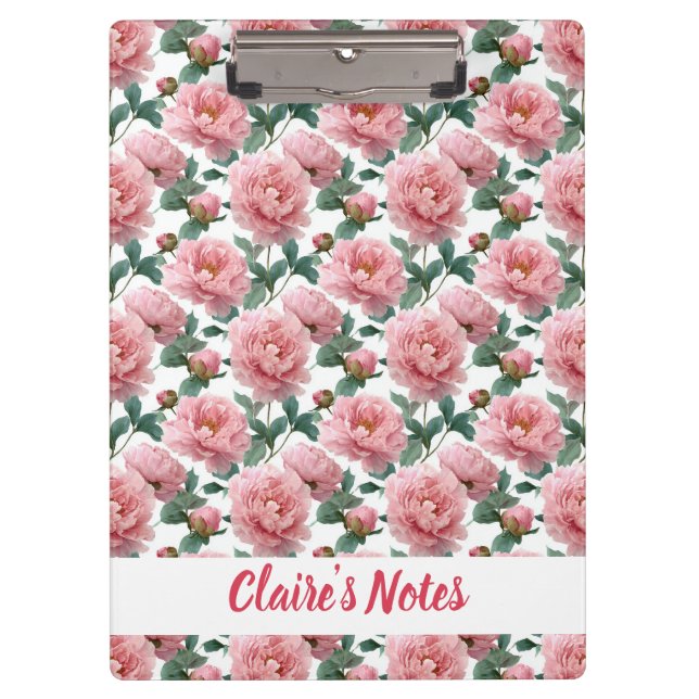Delicate Pink Peony Pattern Name Clipboard (Front)