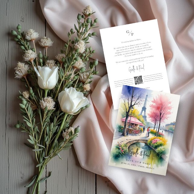 Delicate Pink Romantic Paris Landscape Wedding Save The Date (Delicate Pink Tones Romantic Paris Landscape with Couple Wedding Save the Date Card Design.)