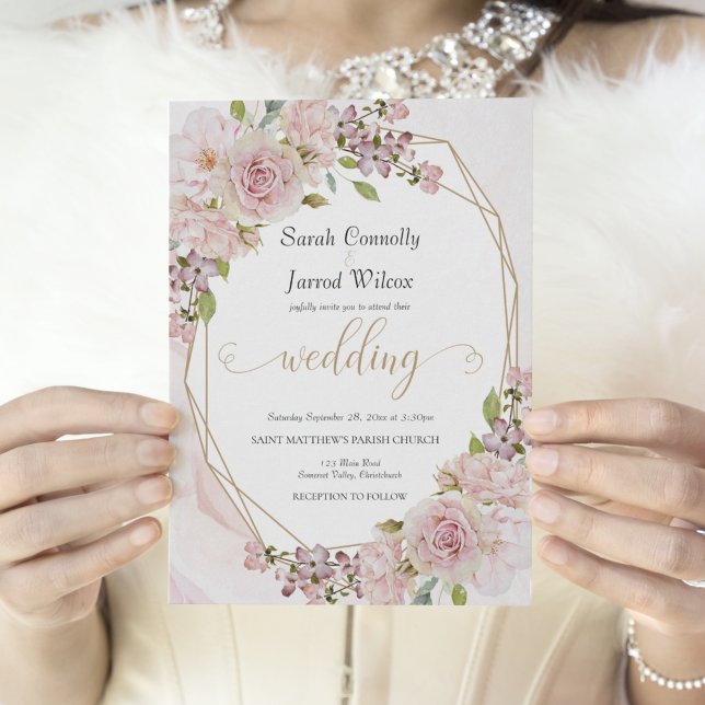Delicate Pink Rose and Gold Wedding Invitation (Creator Uploaded)