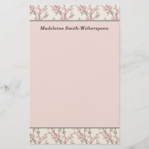 Delicate Pink Rose Buds Floral Monogram Name Stationery