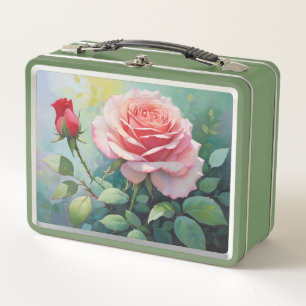 Delicate Pink Rose In Full Bloom With Red Rosebud Metal Lunch Box