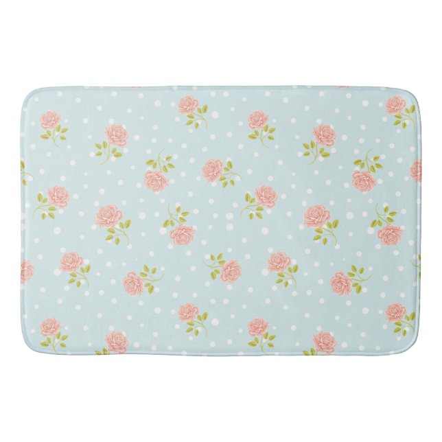 Delicate Pink Roses on Light Blue Dot Background Bath Mat (Front)