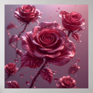 Delicate Pink Roses with Dewdrops and Glitter Poster