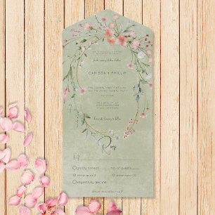 Delicate Pink Rustic Wildflowers Sage Dinner All In One Invitation