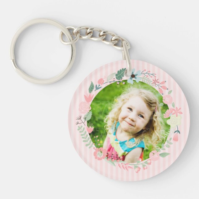 Delicate Pink Stripes Custom Photo Floral Frame Keychain (Front)
