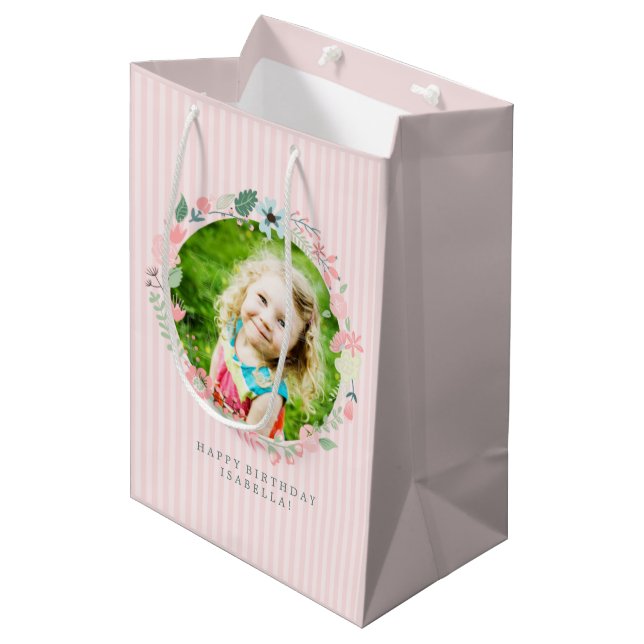 Delicate Pink Stripes Custom Photo Floral Frame Medium Gift Bag (Front Angled)