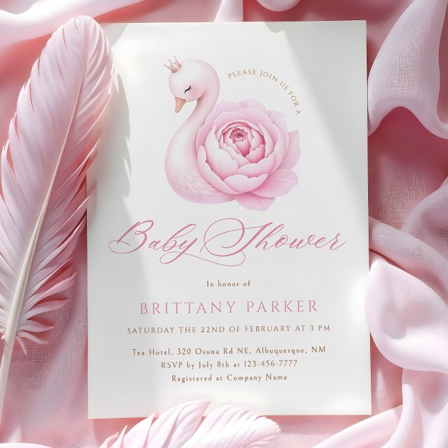 Delicate Pink Swan Floral Baby Shower Invitation (Creator Uploaded)
