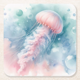 Delicate Pink Watercolor Jellyfish Square Paper Coaster