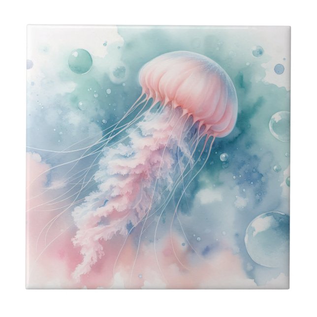 Delicate Pink Watercolor Jellyfish Tile (Front)