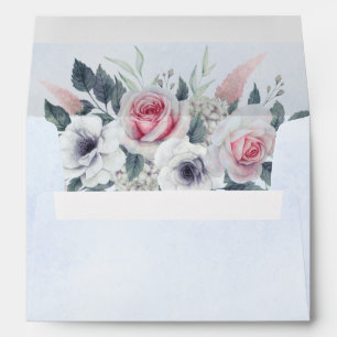Delicate Pink Watercolor Roses Light Blue Wedding  Envelope