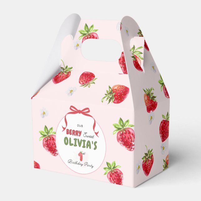 Delicate Pink Watercolor Strawberry First Birthday Favor Box (Front Side)