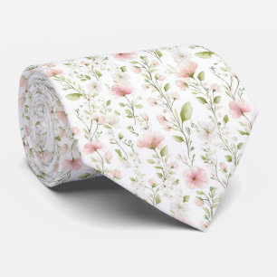 Delicate pink white flowers pattern neck tie