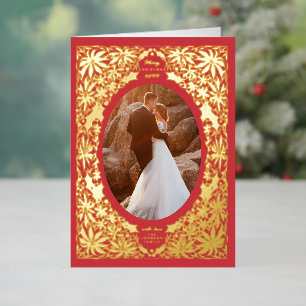 Delicate Poinsettia Red Oval Frame Photo Foil Holiday Card