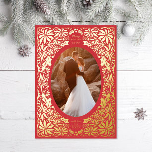 Delicate Poinsettia Red Oval Frame Photo Foil Holiday Card