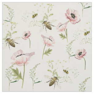 Delicate poppies, bees, wildflower watercolor fabric
